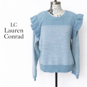 NWT Lauren Conrad. Blue Sky Knit Ruffled Shoulders Lite Weight Sweater.
Size XL